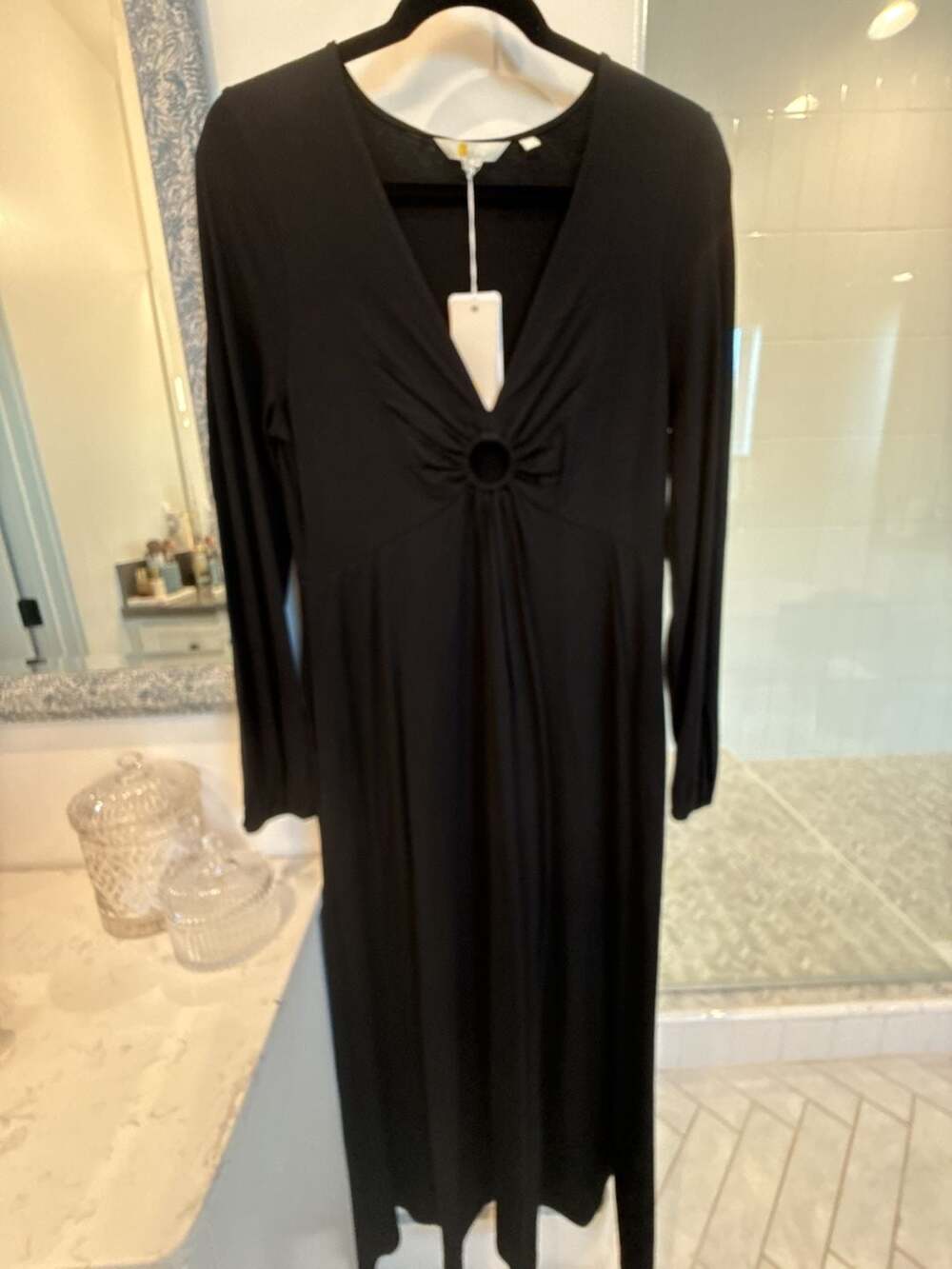 Boden Women's Black Long Sleeve Maxi Dress with Front Ring Detail
